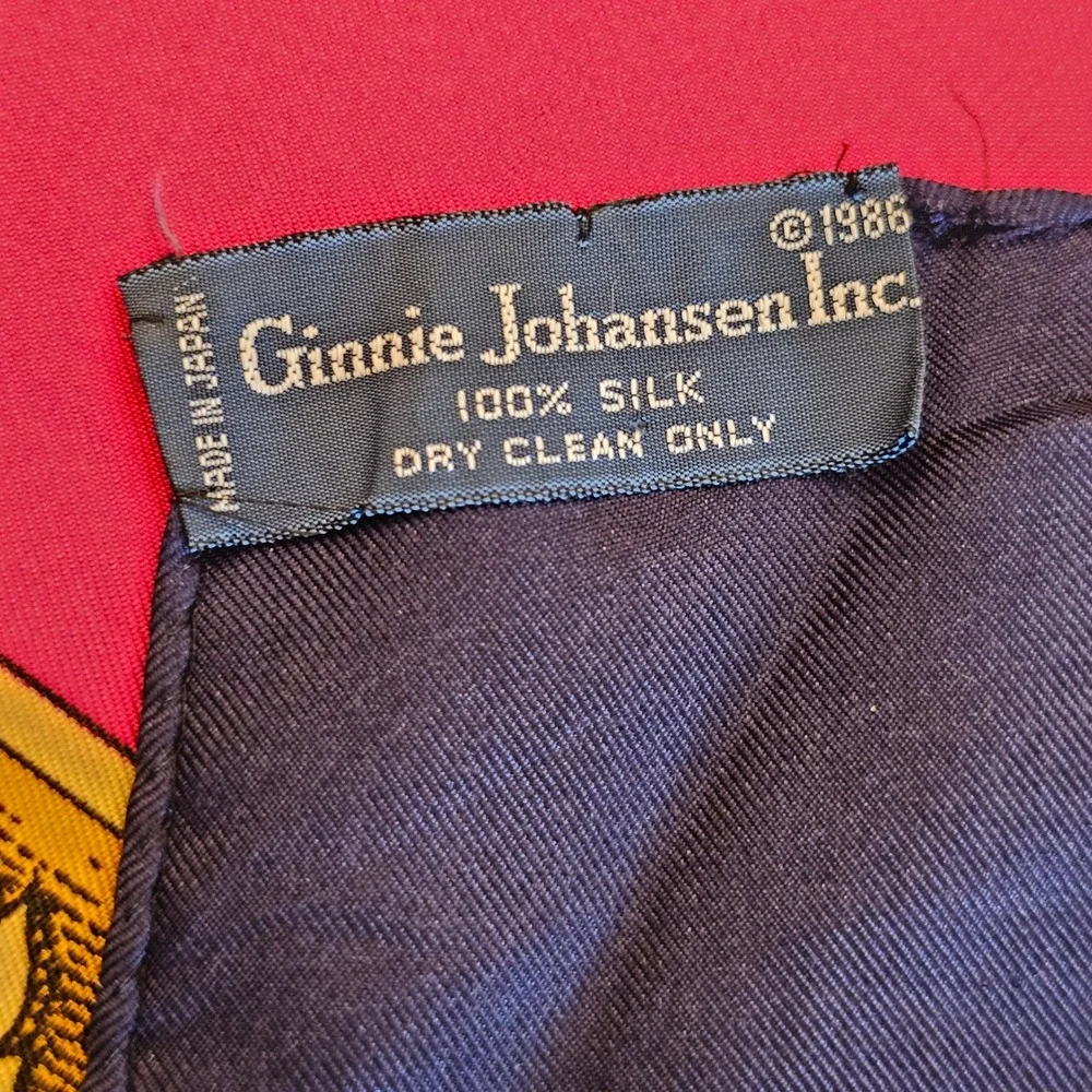 Vintage 1986 Ginnie Johansen Silk Scarf Heraldic Crest Red Navy Gold Japan